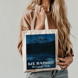 Mt Rainier National Park Cotton Canvas Tote Bag - Blue Mountains Artistic Nature Travel Eco-Friendly Reusable Shopping Shoulder Bag