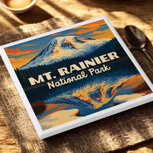Mt Rainier National Park Ceramic Coaster | Travel Souvenir | Durable Absorbent | Drinkware Accessory | Home & Office Decor | Handmade | Gift