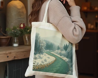 Snowy Washington River Canvas Tote Bag | Outdoor Travel Souvenir