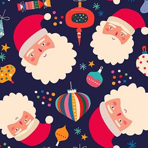 May include: A repeating pattern of Santa Claus faces, Christmas ornaments, and stars on a dark blue background. The Santa faces have red hats and white beards. The ornaments are in various colors and shapes.