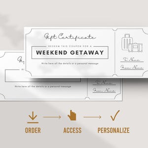 Editable black and white weekend getaway coupon template – minimalist printable Canva design, perfect for romantic gifts, anniversaries, or couple surprises