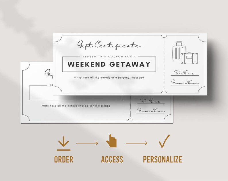 Editable black and white weekend getaway coupon template – minimalist printable Canva design, perfect for romantic gifts, anniversaries, or couple surprises