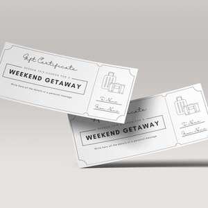 Editable black and white weekend getaway coupon template – minimalist printable Canva design, perfect for romantic gifts, anniversaries, or couple surprises