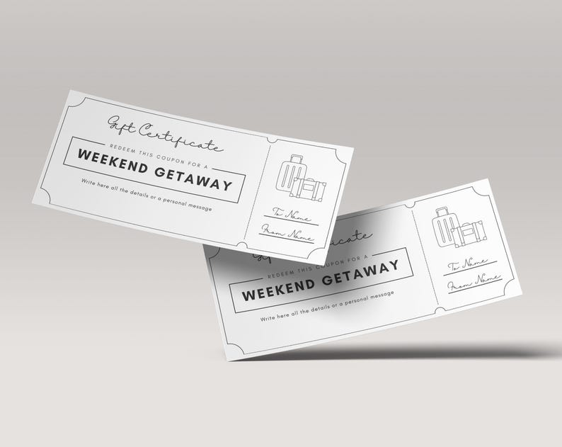 Editable black and white weekend getaway coupon template – minimalist printable Canva design, perfect for romantic gifts, anniversaries, or couple surprises