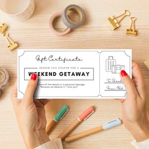 Editable black and white weekend getaway coupon template – minimalist printable Canva design, perfect for romantic gifts, anniversaries, or couple surprises