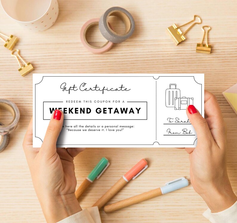 Editable black and white weekend getaway coupon template – minimalist printable Canva design, perfect for romantic gifts, anniversaries, or couple surprises