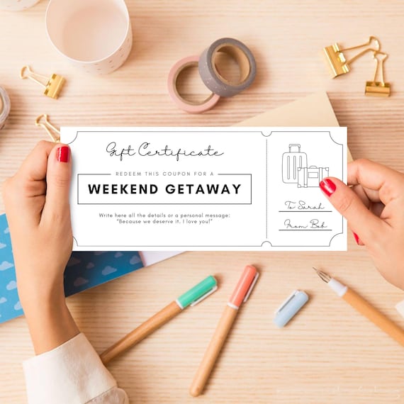 Weekend Getaway Gift Coupon: Editable Text, Printable Voucher (Instant Download)