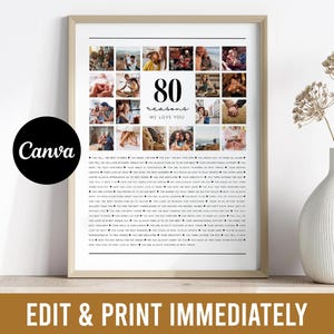 May include: Framed print with a collage of photos and text. The text reads "80 reasons we love you." The print is in a light-colored frame and includes the Canva logo. The bottom of the print says "EDIT & PRINT IMMEDIATELY."