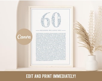 Fully Editable Template 60 Reasons We Love You — Photo Collage, Mom&#39;s 60th Anniversary, 60 Things About Mom Birthday, Canva Template
