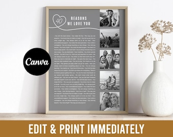 Personalized 40th Birthday Gift for Men or Women — 40 Reasons We Love You Editable Canva Template Instant Download 40th Party Decoration
