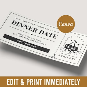 Vale de regalo para cena EDITABLE — Ticket de reserva para cena Cupón para cena Tarjeta de regalo para cena Certificado imprimible para cena