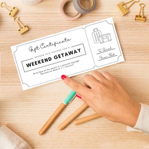 Editable black and white weekend getaway coupon template – minimalist printable Canva design, perfect for romantic gifts, anniversaries, or couple surprises