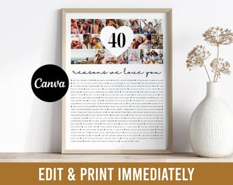 40th Birthday Gift: Reasons We Love You Photo Collage (Editable Template)