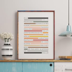 Op de afbeelding: Een ingelijste kunstprint met het woord "Hallo" in verschillende talen, elk gekoppeld aan een horizontale kleurenbalk. De talen omvatten Engels, Japans, Spaans, Frans en meer. De lijst heeft een veelkleurig ontwerp.