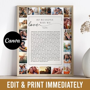 Op de afbeelding: Een ingelijste print met een collage van foto's en de tekst "80 Redenen Waarom We Van Je Houden." De print heeft een beige lijst en bevat het Canva-logo. De onderkant van de print luidt "Direct bewerken en afdrukken."