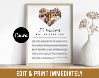 70 motivi per cui ti amiamo - Collage fotografico personalizzato - Modello completamente modificabile - 70° anniversario della mamma - 70 cose sul compleanno del papà - Canva