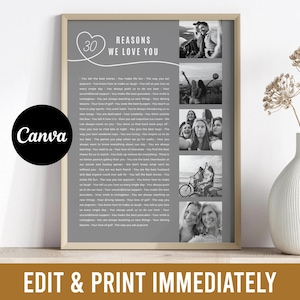 Personalized 30th Birthday Gift for Men or Women — 30 Reasons We Love You Editable Canva Template Instant Download 30th Party Decoration
