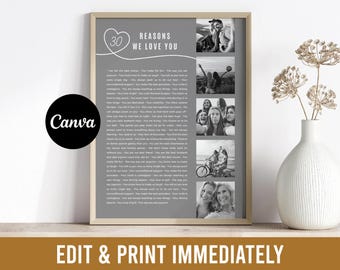 May include: A framed gray print with the text "30 Reasons We Love You" and several black and white photos. The print is in a light wood frame and includes the Canva logo. The words "Edit & Print Immediately" are at the bottom.