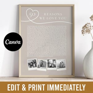 May include: Framed print with the text "50 Reasons We Love You" in a beige color. The print includes a heart design, a list of reasons, and four small photos. The bottom of the frame has the text "EDIT & PRINT IMMEDIATELY".