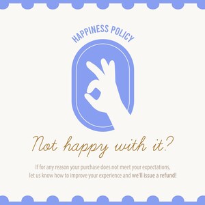 May include: A light cream-colored card with a blue border featuring a hand gesture inside a blue oval. The text "HAPPINESS POLICY" arches above the oval. Below, the text reads "Not happy with it?" and a customer satisfaction statement.