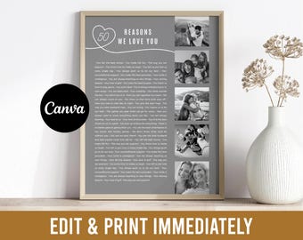 Fotokollage med 50 anledningar till att vi älskar dig: Födelsedagspresentposter (utskrivbar Canva-mall)