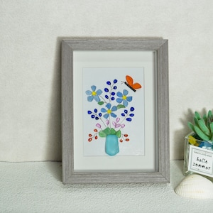 Handmade Sea Glass Flower Art Frame: Beach Decor with Butterfly