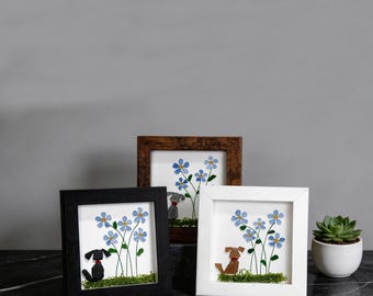 Porta-retratos em vidro do mar com arte - Cachorro e miosótis, em memória de um cachorro falecido, moldura de 12,7 x 12,7 cm, lembrancinha para funeral de cachorro.