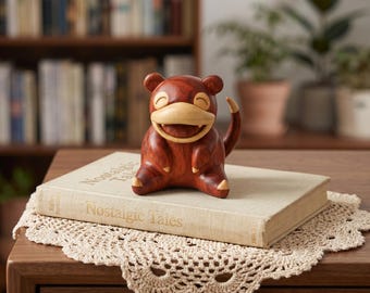 Ręcznie robiona drewniana figurka Slowpoke'a, figurka anime, wyjątkowa rzeźba na biurko, sztuka z naturalnego drewna, kolekcjonerski prezent dla miłośników Slowpoke'a