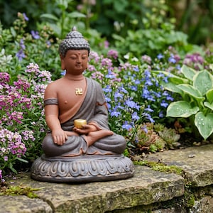 May include: A brown and grey Buddha statue in a seated meditation pose, holding a small gold bowl. The statue has a detailed headpiece and a gold symbol on its chest. It is placed on a stone surface, surrounded by colourful flowers.