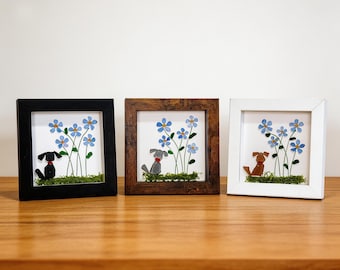 Porta-retratos em vidro do mar com arte - Cachorro e miosótis, em memória de um cachorro falecido, moldura de 12,7 x 12,7 cm, lembrancinha para funeral de cachorro.