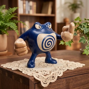 May include: A wooden figurine of a blue creature with a round body, a light-colored belly featuring a dark blue spiral pattern, and large light-colored hands. The creature has a determined facial expression with narrow eyes and stands on two legs.