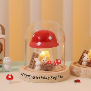 Personalized Mushroom Rabbit Night Light: Glass Dome Bedside Lamp