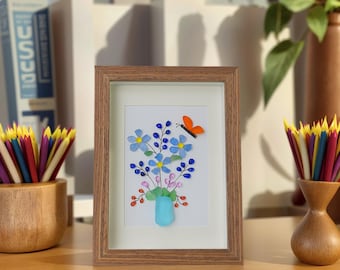 Handmade Sea Glass Flower Art Frame: Coastal Wall Decor