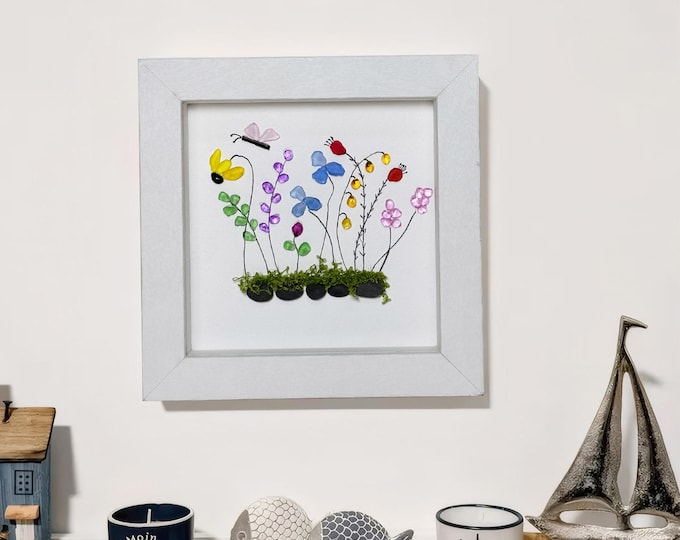 Handmade Sea Glass Flower Photo Frame, Coastal Art, Personalized Gift
