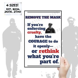 May include: A white poster with a black border, featuring the text "REMOVE THE MASK" and a message about courage and cruelty. The poster includes a photo of a person wearing sunglasses and a police uniform. Available in 4 sizes: 28x43cm, 46x61cm, 61x91cm, and 69x102cm.