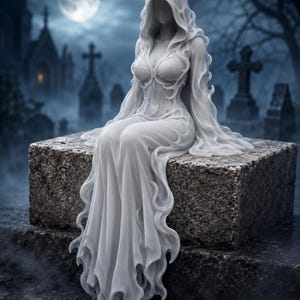 May include: A white, monochromatic figurine of a hooded, faceless figure in a long, flowing gown with intricate, swirling fabric details. The figure is seated in a poised, upright position, with the hem of the dress cascading down the front.