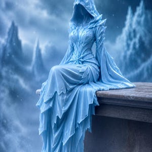 May include: A pale blue figurine of a robed figure with a hood, seated on a ledge. The figure has detailed leaf-like patterns on the bodice and hood. The background shows a snowy mountain range and a cloudy sky.