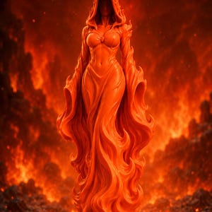 May include: A fiery orange sculpture of a hooded figure, resembling a woman, with flowing robes and a detailed bodice. The figure is set against a backdrop of flames and lava, creating a dramatic and mythical scene. The sculpture's design evokes a sense of power and mystique.