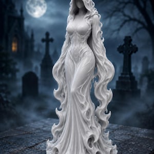 May include: A white figurine of a hooded figure with long, flowing hair and a form-fitting gown that transitions into swirling, flame-like patterns at the base. The sculpture features intricate, organic textures throughout the garment.