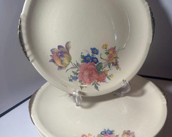 Platos redondos llanos vintage de cerámica Paden City con borde dorado, color rosa, fabricados en EE. UU., 24 cm (9 1/2”).