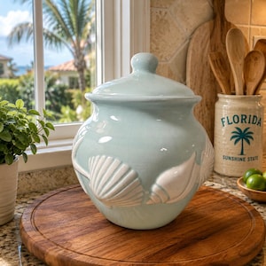 Vintage Seafoam Blue Shell Cookie Jar I Florida Kitchen Decor I Tropical Kitchen
