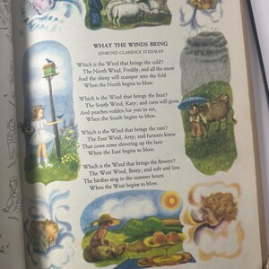May include: An open book page featuring illustrations and text from the poem "What the Winds Bring" by Edmund Clarence Stedman. The illustrations depict scenes of nature, including sheep, a girl with a birdhouse, and a farmer.