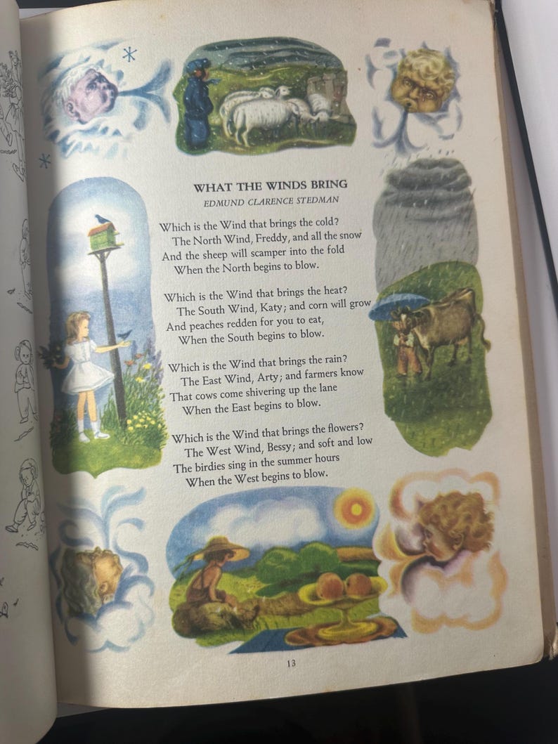May include: An open book page featuring illustrations and text from the poem "What the Winds Bring" by Edmund Clarence Stedman. The illustrations depict scenes of nature, including sheep, a girl with a birdhouse, and a farmer.