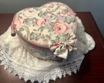Sewing Basket - Charming Floral Heart Shaped with Large Handle - Fabric Overlay - Wicker Rose Rim - Shabby Chic Style -
