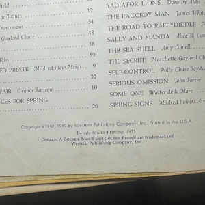 May include: A vintage book page with a list of titles and authors, including "The Owl and the Pussy-Cat" and "The Raggedy Man." The copyright information indicates the book was printed in the USA in 1975.