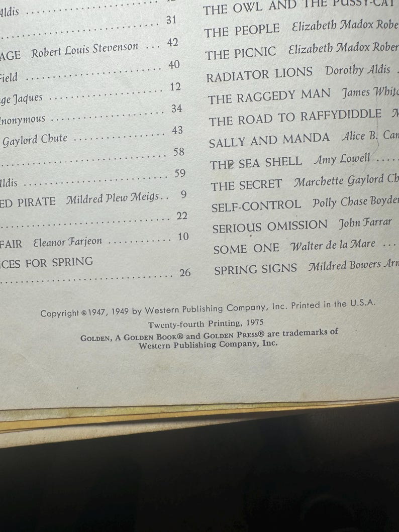 May include: A vintage book page with a list of titles and authors, including "The Owl and the Pussy-Cat" and "The Raggedy Man." The copyright information indicates the book was printed in the USA in 1975.
