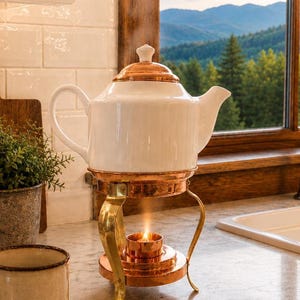 May include: A white ceramic teapot with a copper lid sits atop a brass and copper warming stand. The stand features three curved legs and a central circular base holding a small, lit tea light candle that provides heat to the teapot above.