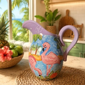 May include: A ceramic pitcher featuring a hand-painted scene of two pink flamingos standing in blue water with palm trees. The pitcher has a solid light purple handle and rim, with a rounded body decorated in vibrant tropical colors and floral accents.