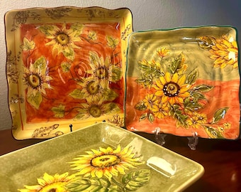 Sunflower Square Plates, 3 Piece Set -  1 Rooster Brand Server, 2 Sunflower Brand Plates - Ceramic/Terra-cotta Bright Color Plates