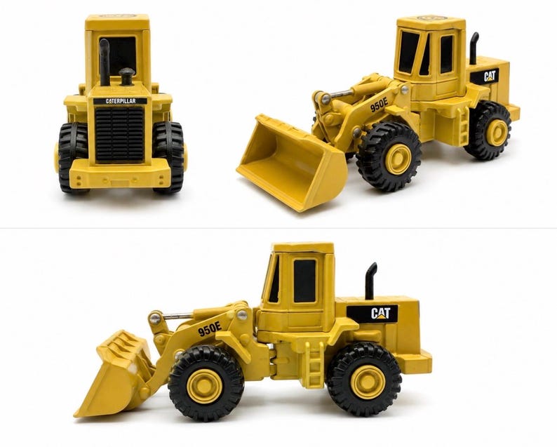 May include: A yellow Caterpillar 950E wheel loader toy vehicle featuring a front bucket, black tyres, and a cabin with black windows. The model displays the Caterpillar brand name on the front grille and the CAT logo on the rear side panel.
